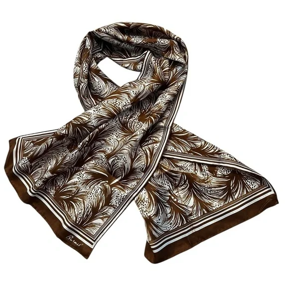 Vintage Burmel Hand Rolled Oblong Brown & White Frond Print Silk Scarf 15x 43 - Picture 3 of 5